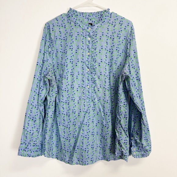 Talbots Shirt Womens XL Blue Green Leaf Print Long Sleeve Ruffle Collar Cotton - Picture 1 of 9